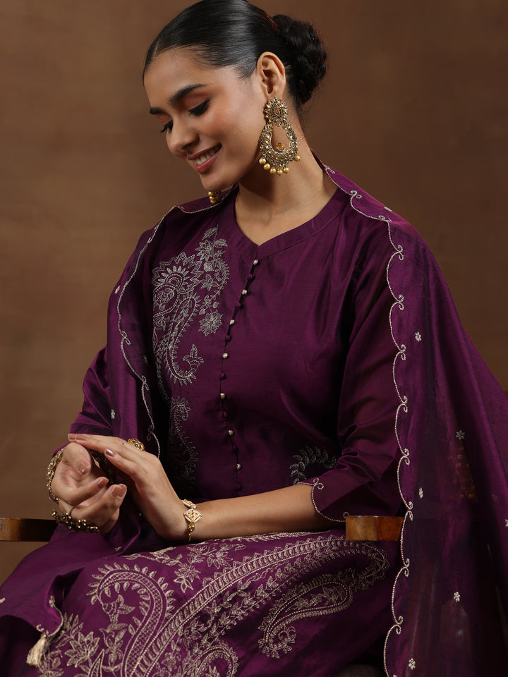 Wine Embroidered Chanderi Silk Straight Suit With Dupatta