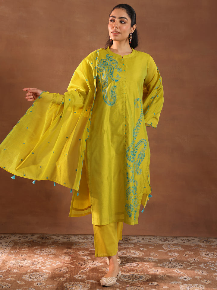 Lime Embroidered Chanderi Silk Straight Suit With Dupatta