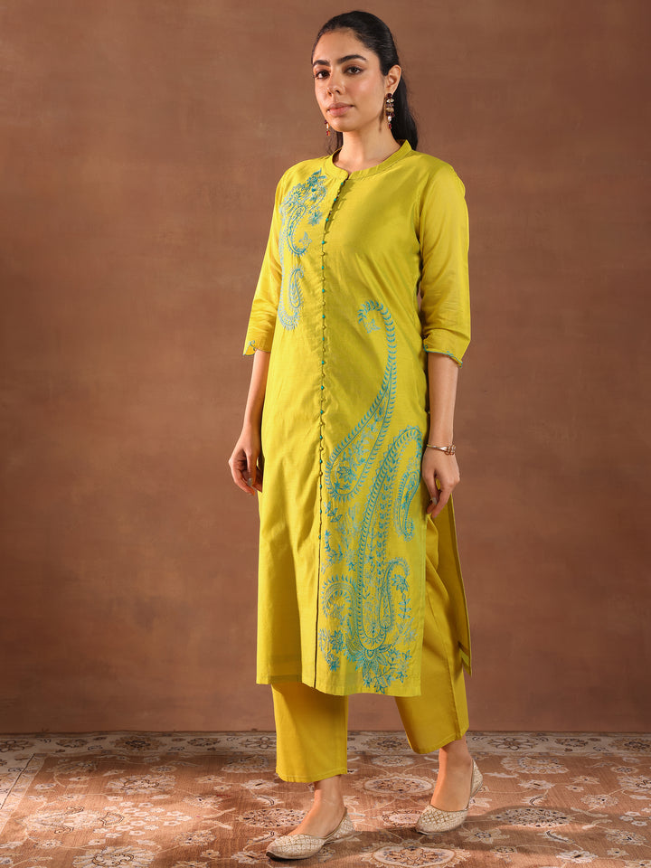 Lime Embroidered Chanderi Silk Straight Suit With Dupatta