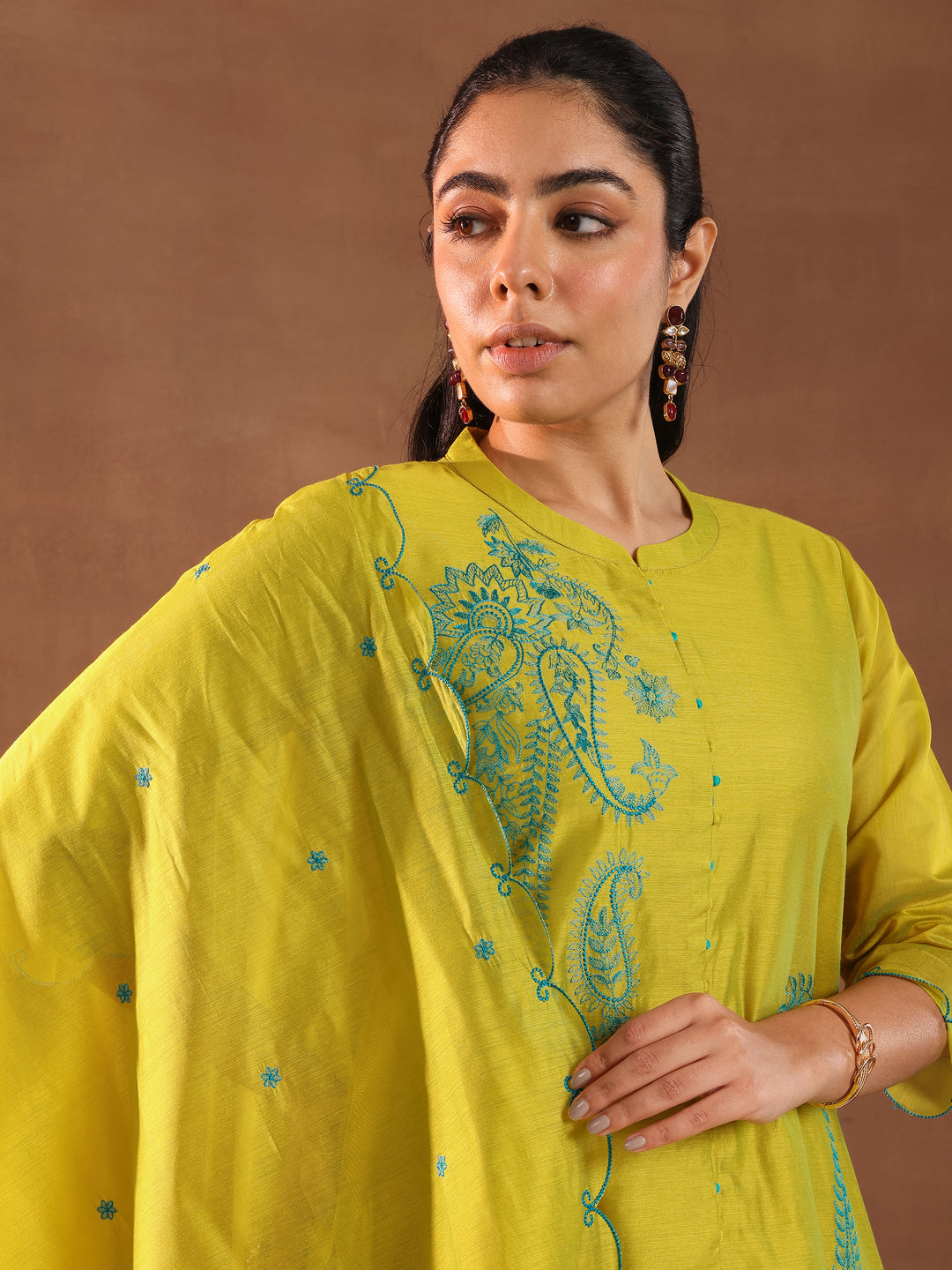 Lime Embroidered Chanderi Silk Straight Suit With Dupatta