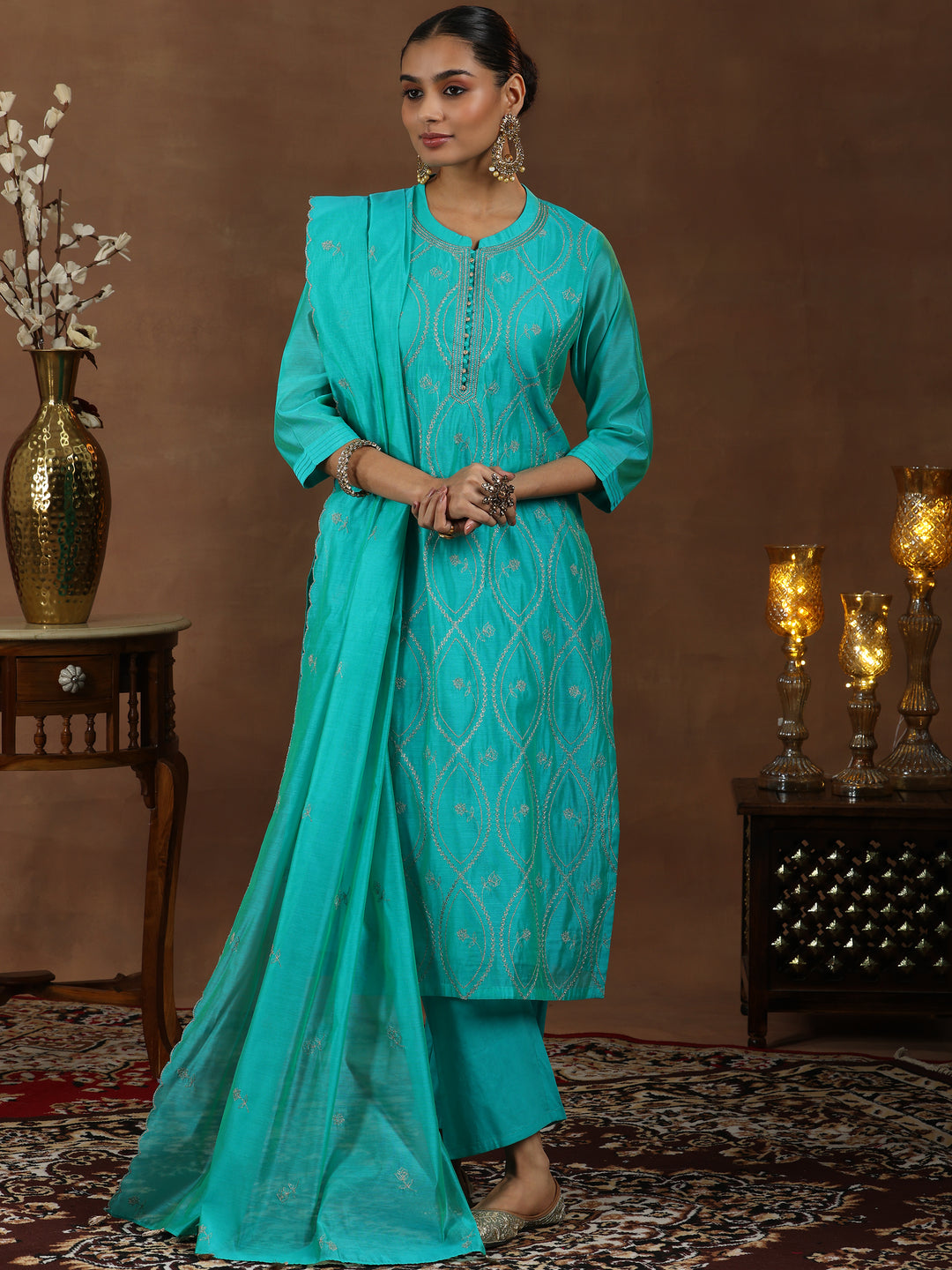 Green Embroidered Chanderi Silk Straight Suit With Dupatta