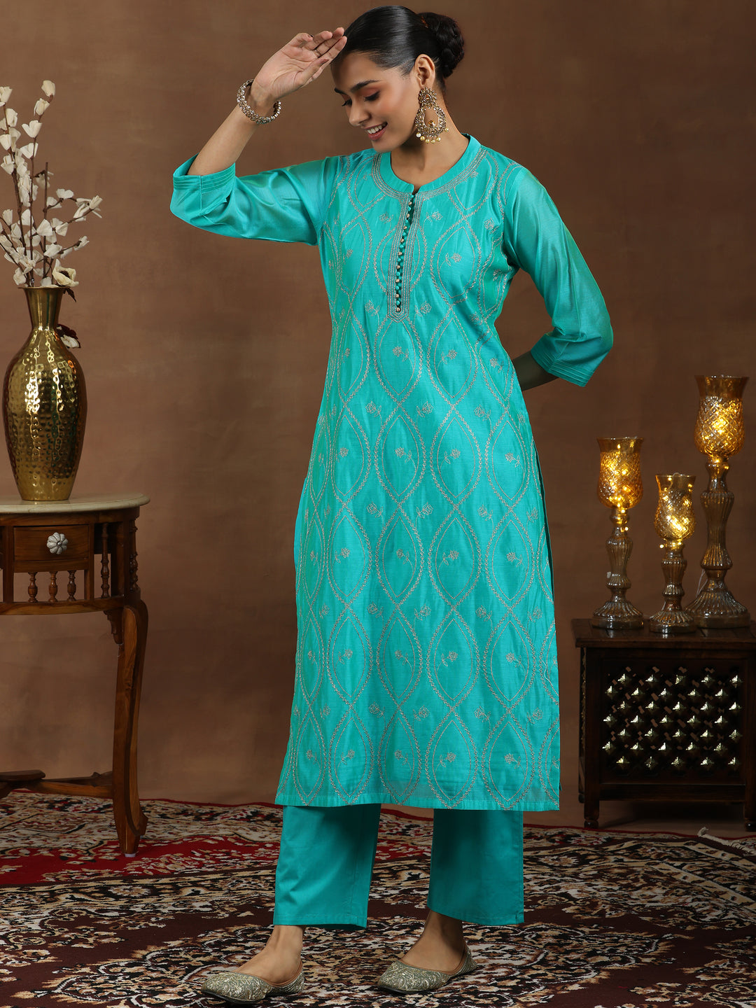 Green Embroidered Chanderi Silk Straight Suit With Dupatta
