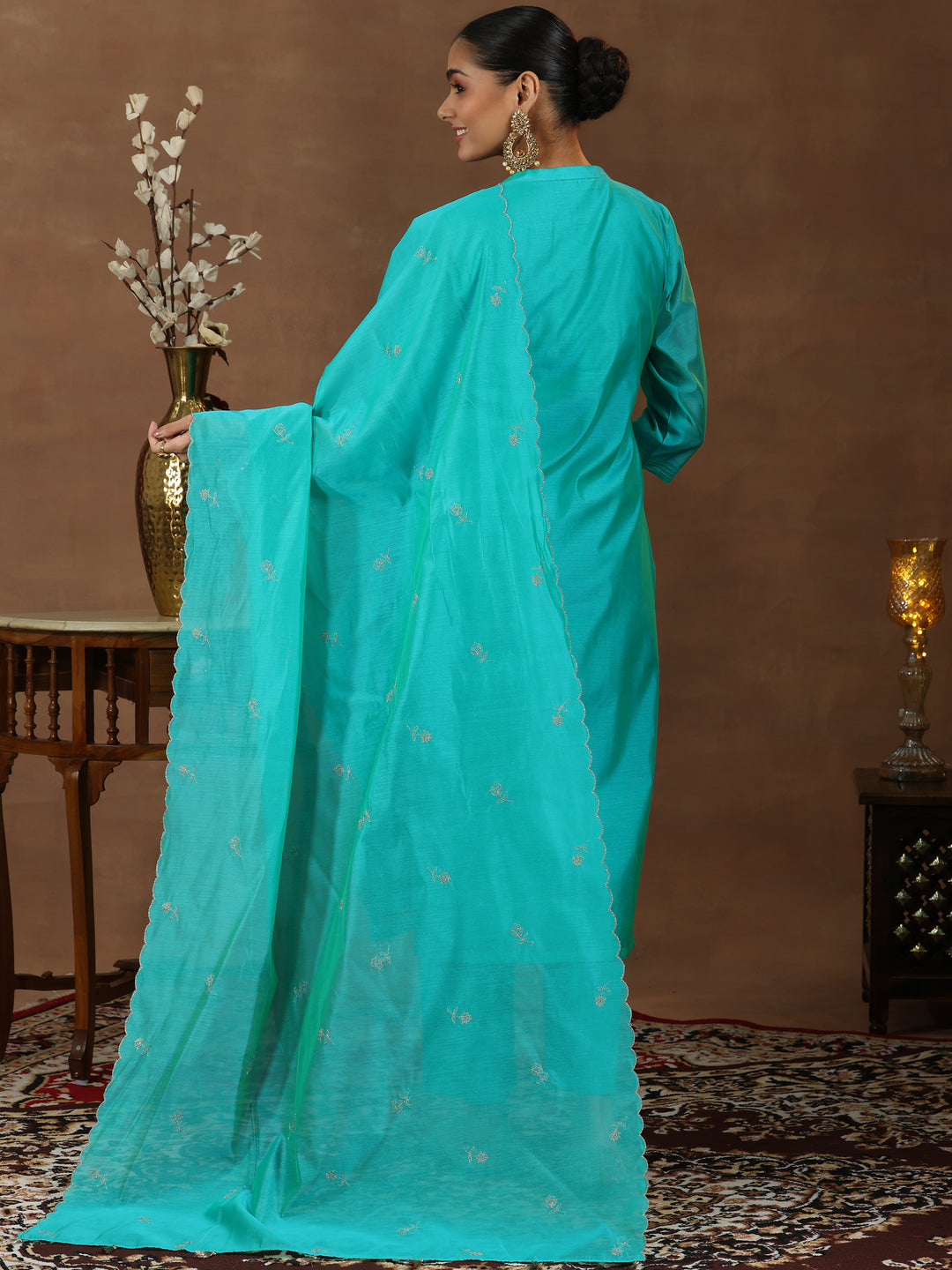 Green Embroidered Chanderi Silk Straight Suit With Dupatta