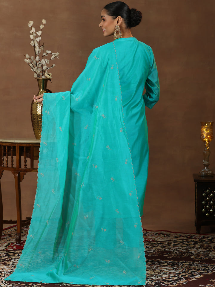 Green Embroidered Chanderi Silk Straight Suit With Dupatta