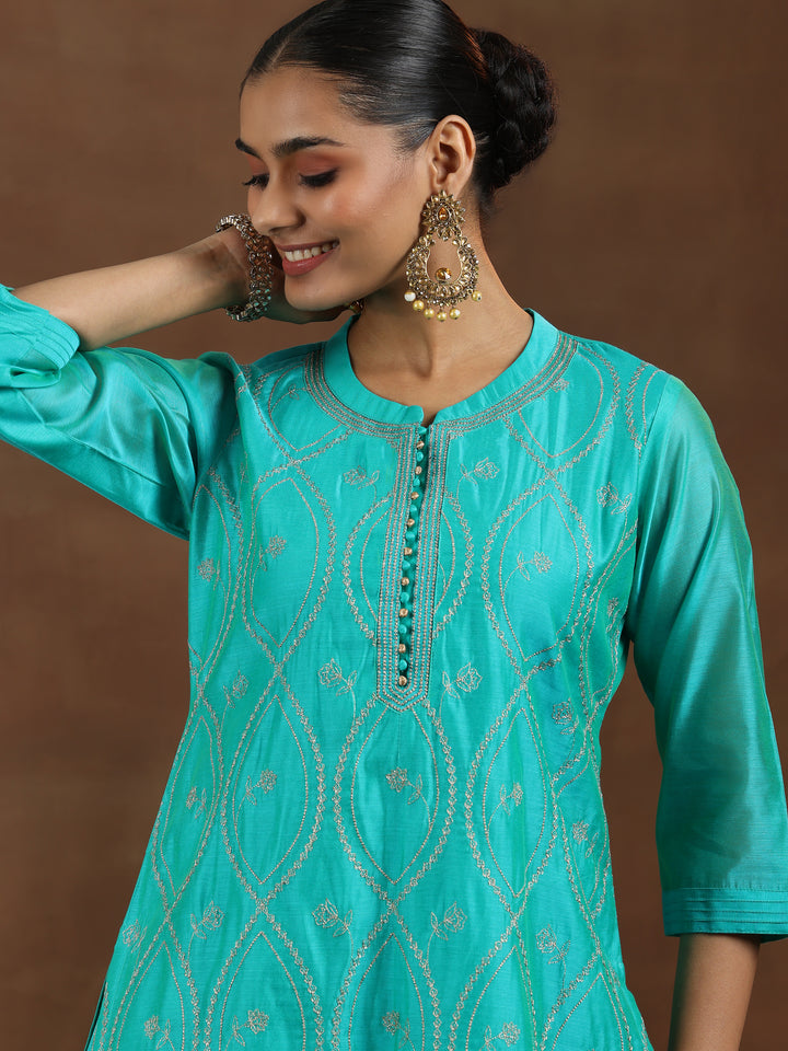 Green Embroidered Chanderi Silk Straight Suit With Dupatta