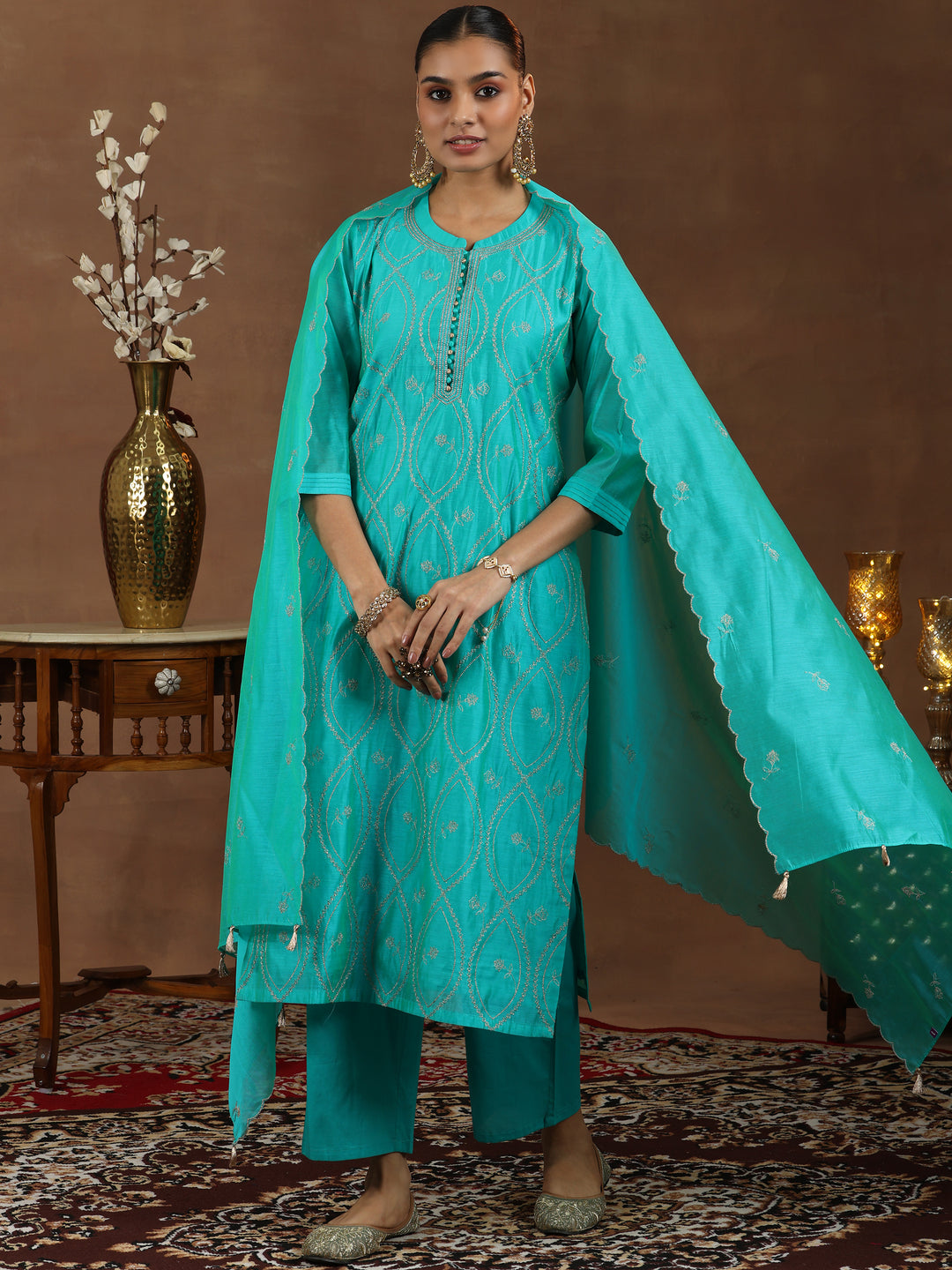 Green Embroidered Chanderi Silk Straight Suit With Dupatta