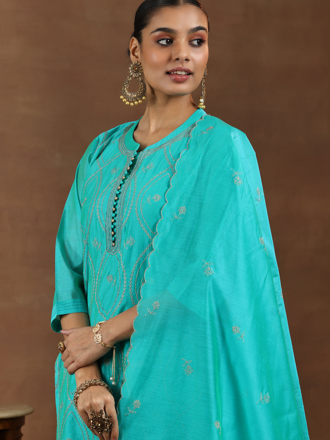 Green Embroidered Chanderi Silk Straight Suit With Dupatta