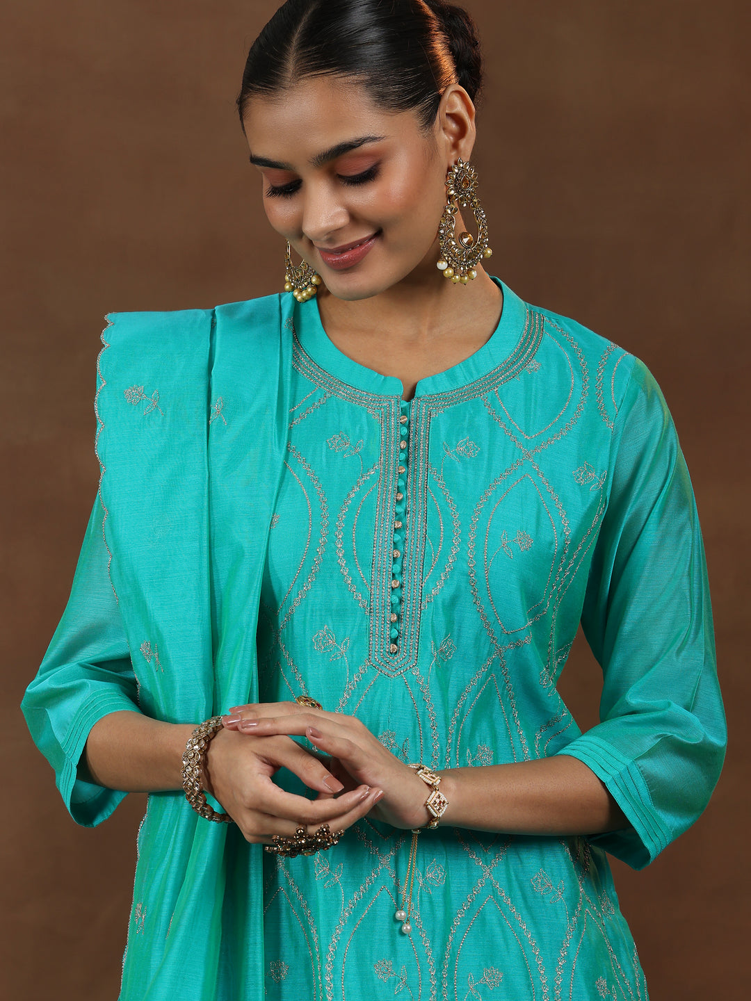 Green Embroidered Chanderi Silk Straight Suit With Dupatta