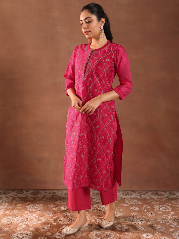 Pink Embroidered Chanderi Silk Straight Suit With Dupatta