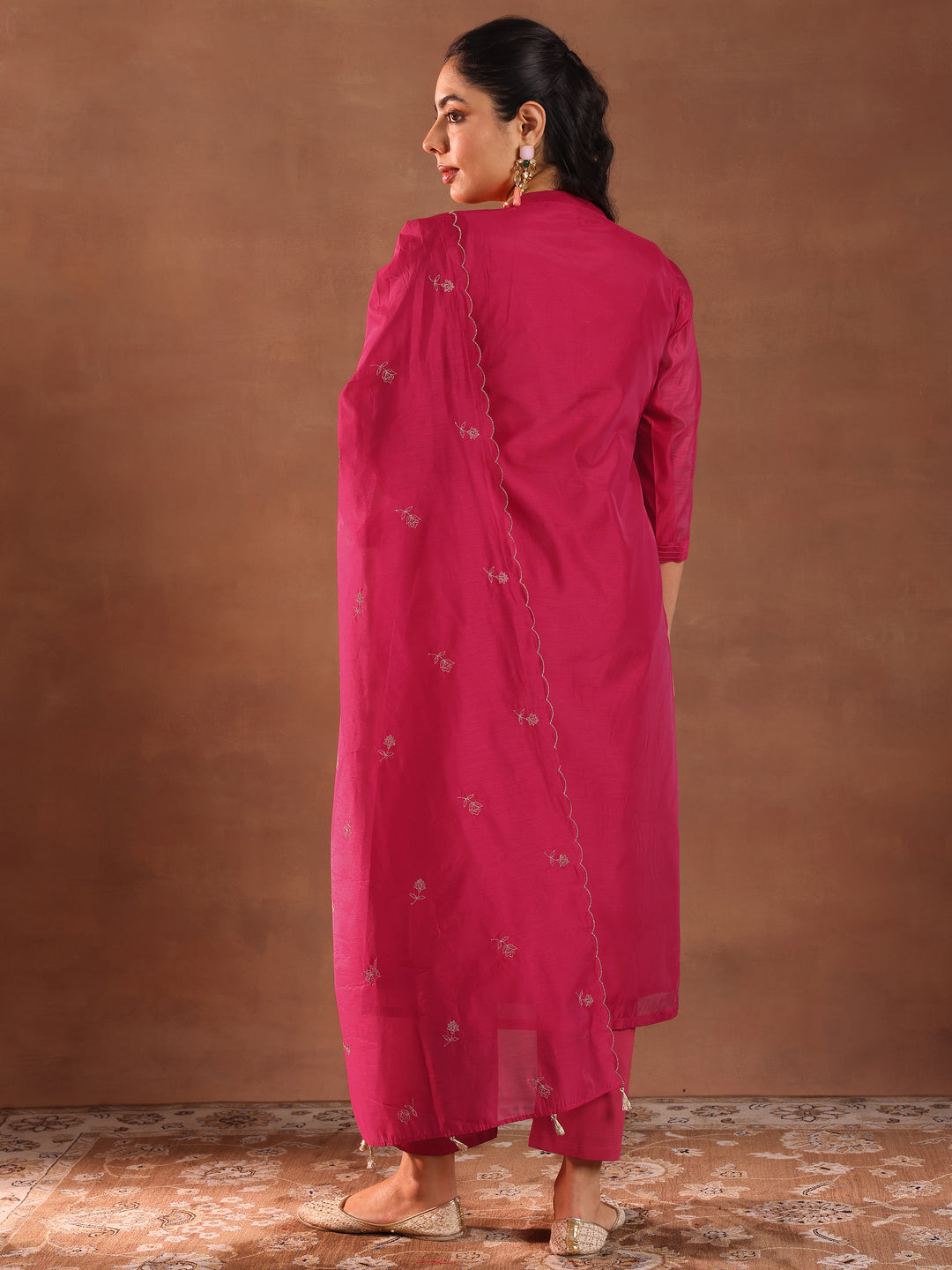 Pink Embroidered Chanderi Silk Straight Suit With Dupatta