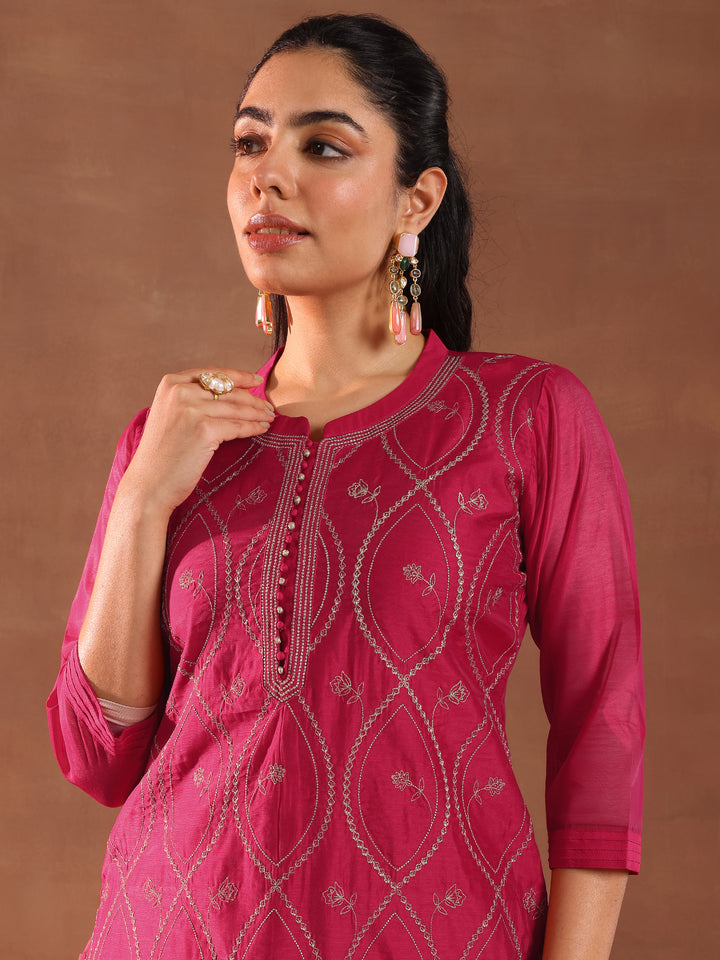 Pink Embroidered Chanderi Silk Straight Suit With Dupatta