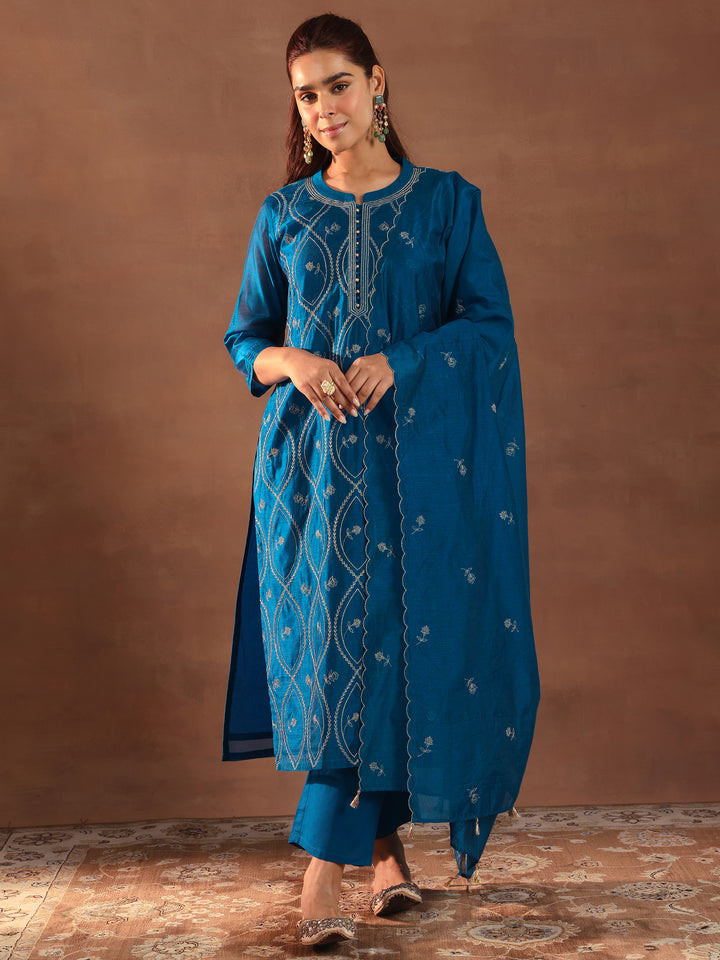 Teal Embroidered Chanderi Silk Straight Suit With Dupatta