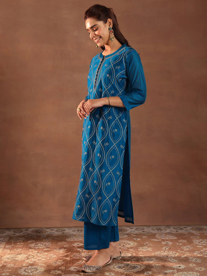 Teal Embroidered Chanderi Silk Straight Suit With Dupatta