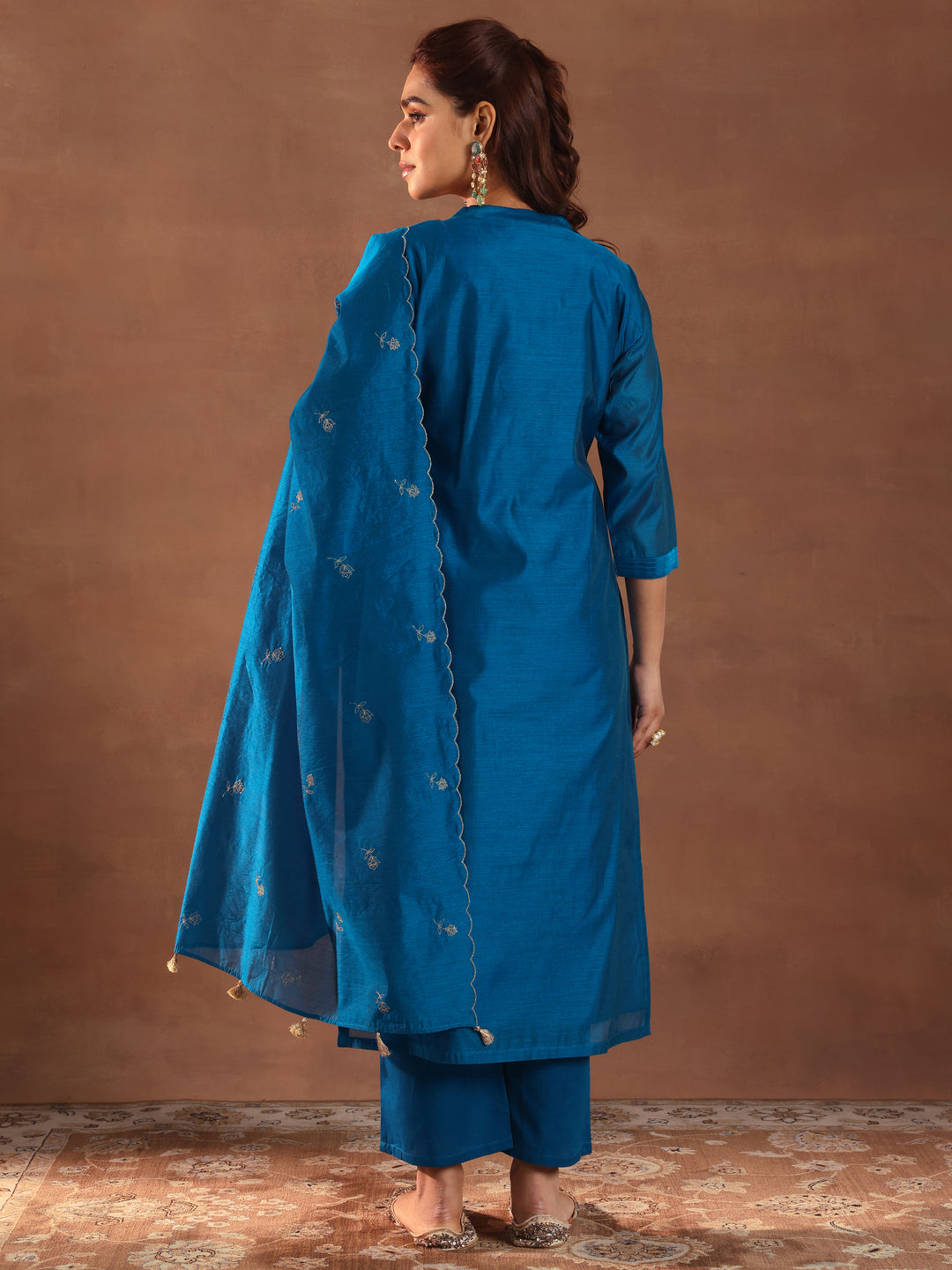 Teal Embroidered Chanderi Silk Straight Suit With Dupatta