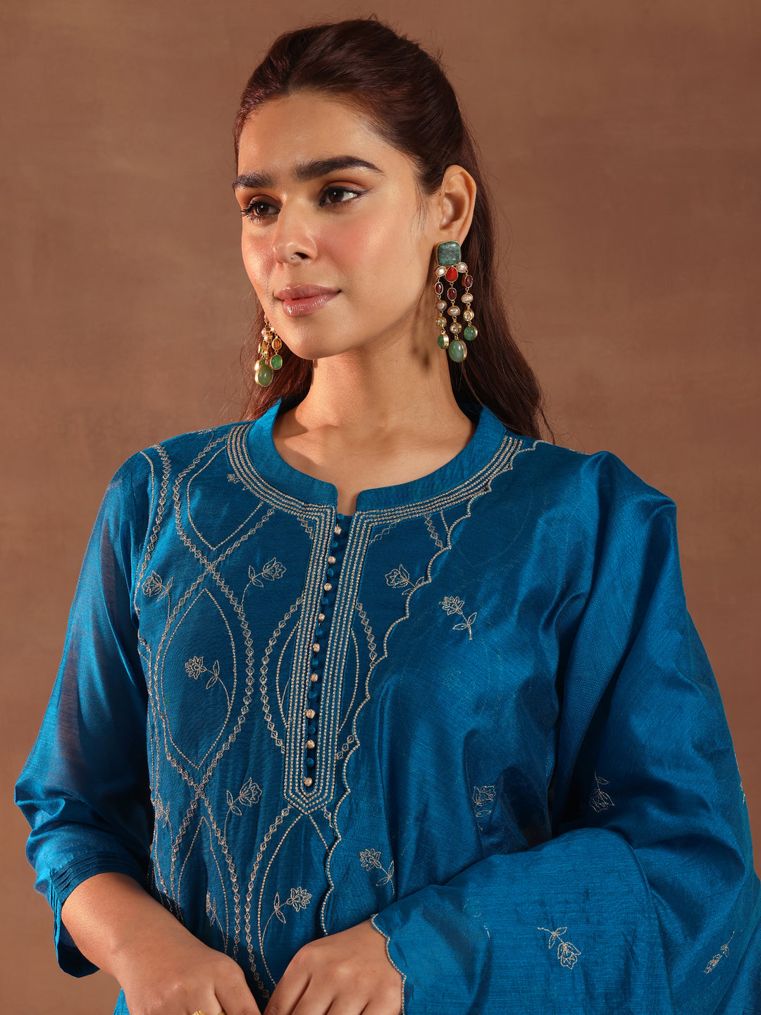 Teal Embroidered Chanderi Silk Straight Suit With Dupatta