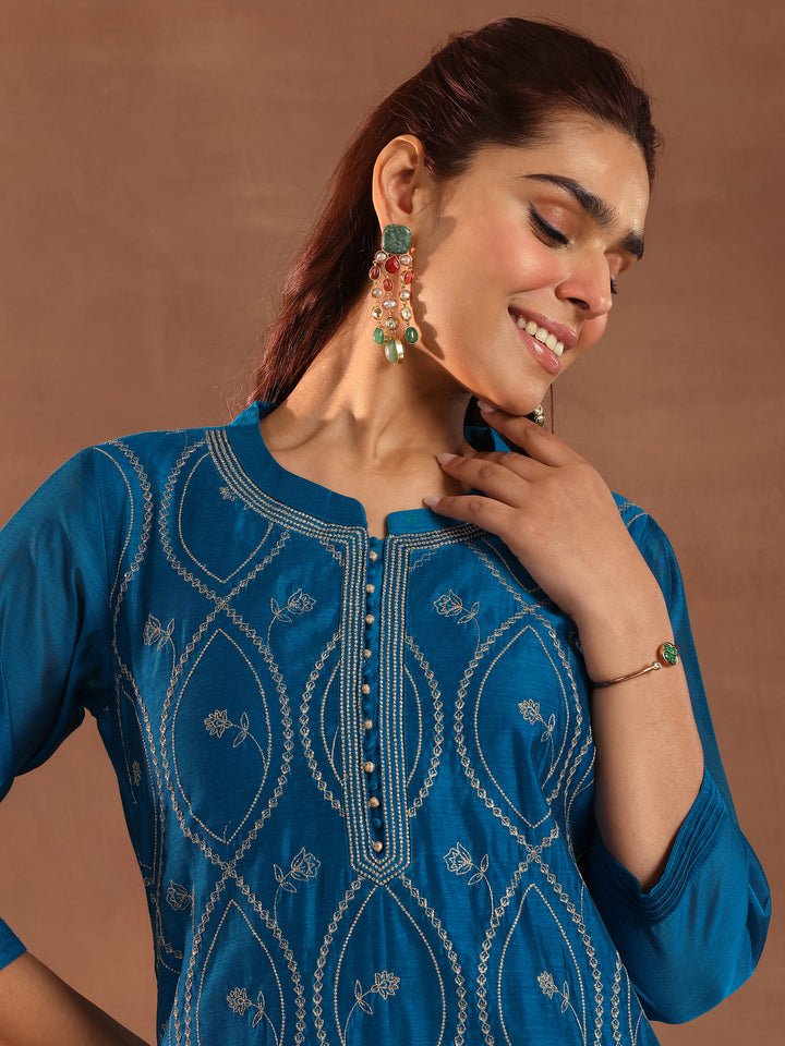 Teal Embroidered Chanderi Silk Straight Suit With Dupatta