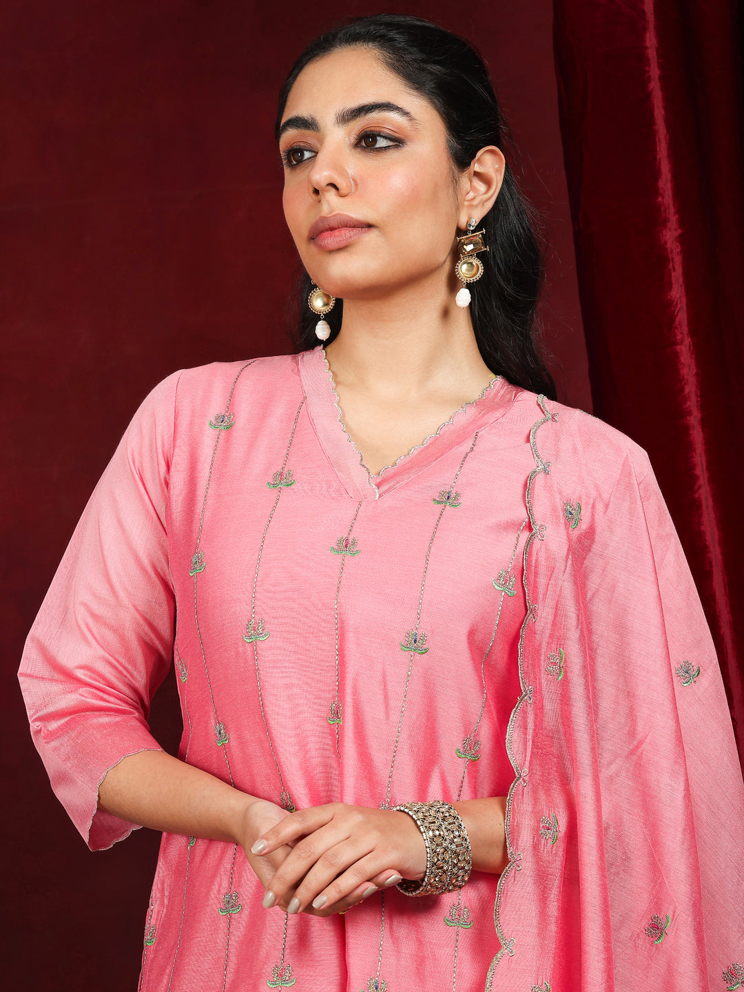 Libas Art Coral Embroidered Chanderi Silk Straight Suit With Dupatta