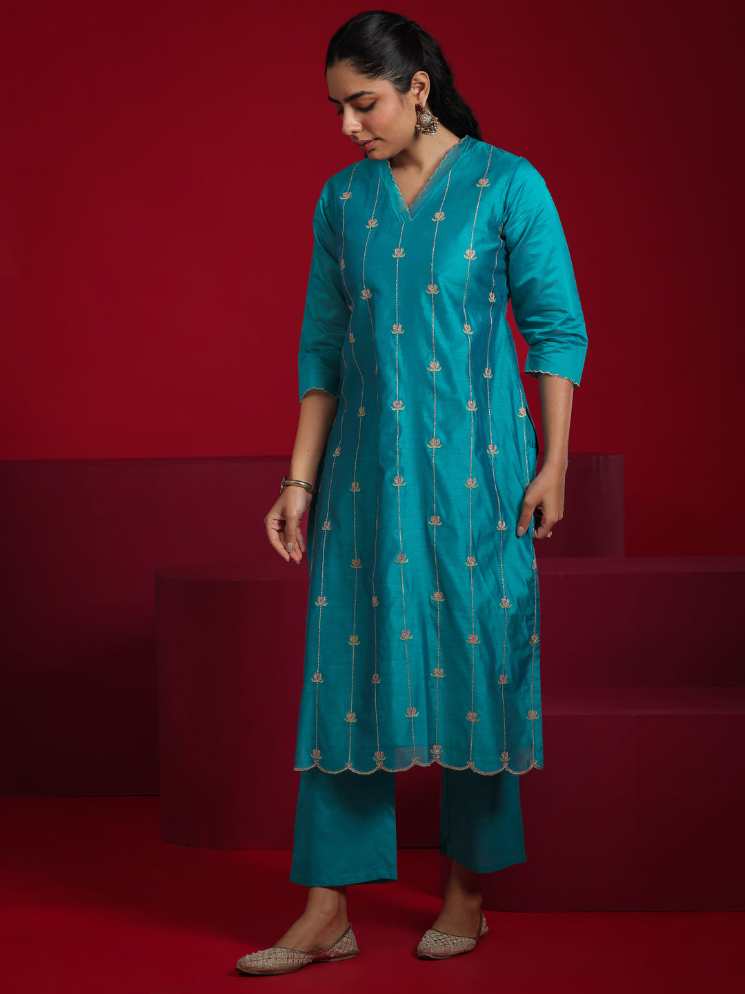 Libas Art Teal Embroidered Chanderi Silk Straight Suit With Dupatta