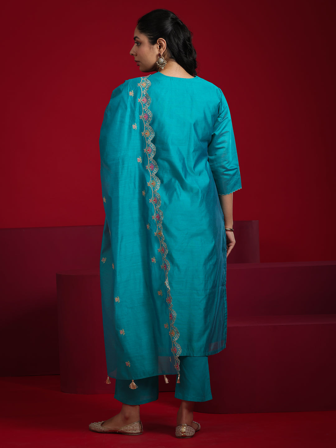 Libas Art Teal Embroidered Chanderi Silk Straight Suit With Dupatta