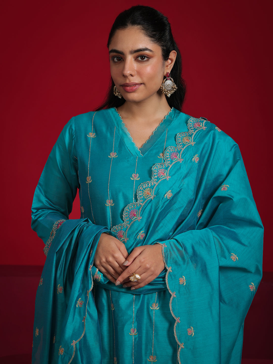 Libas Art Teal Embroidered Chanderi Silk Straight Suit With Dupatta