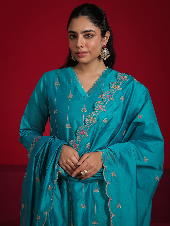 Libas Art Teal Embroidered Chanderi Silk Straight Suit With Dupatta
