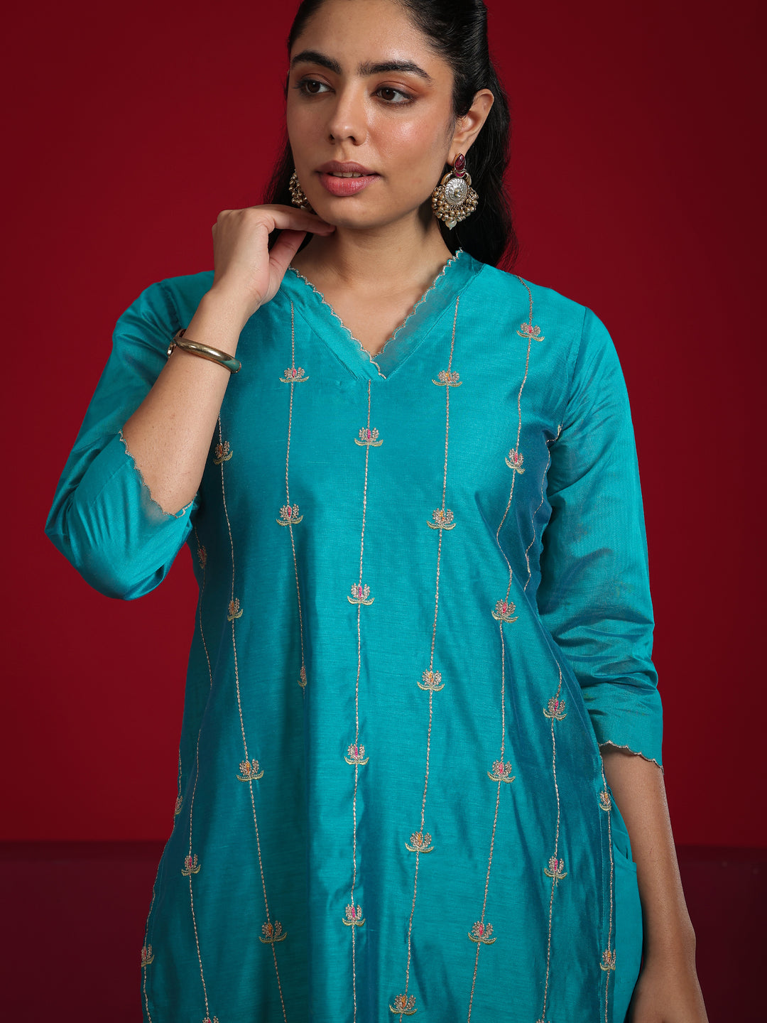 Libas Art Teal Embroidered Chanderi Silk Straight Suit With Dupatta