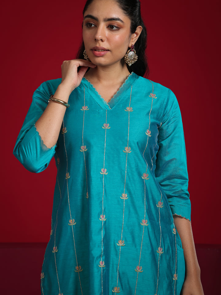 Libas Art Teal Embroidered Chanderi Silk Straight Suit With Dupatta