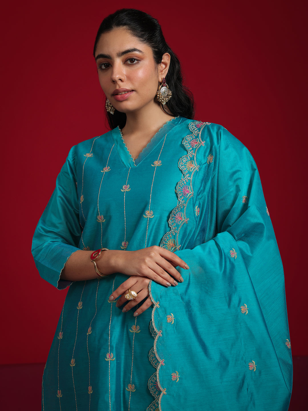 Libas Art Teal Embroidered Chanderi Silk Straight Suit With Dupatta