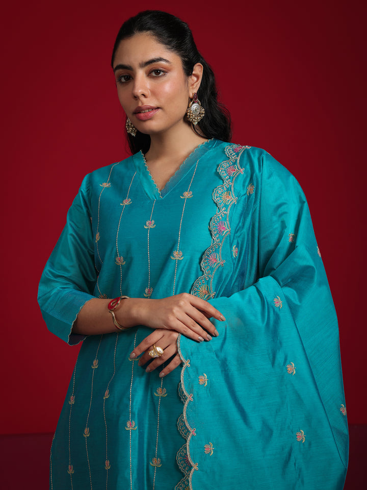 Libas Art Teal Embroidered Chanderi Silk Straight Suit With Dupatta