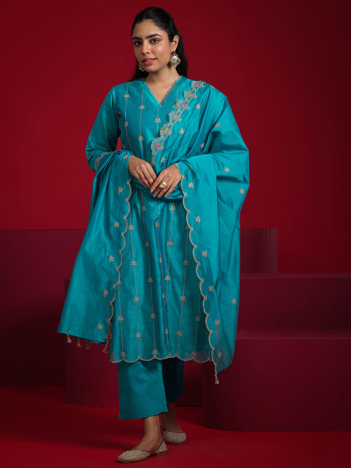 Libas Art Teal Embroidered Chanderi Silk Straight Suit With Dupatta