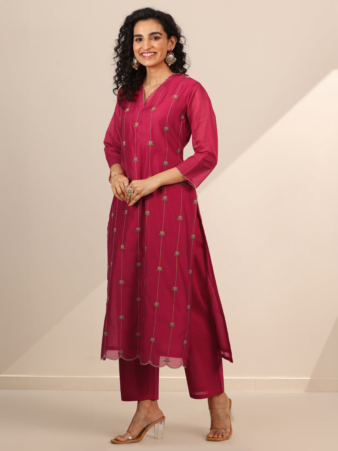 Libas Art Red Embroidered Chanderi Silk Straight Suit Set With Dupatta