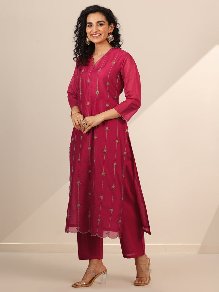 Libas Art Red Embroidered Chanderi Silk Straight Suit Set With Dupatta