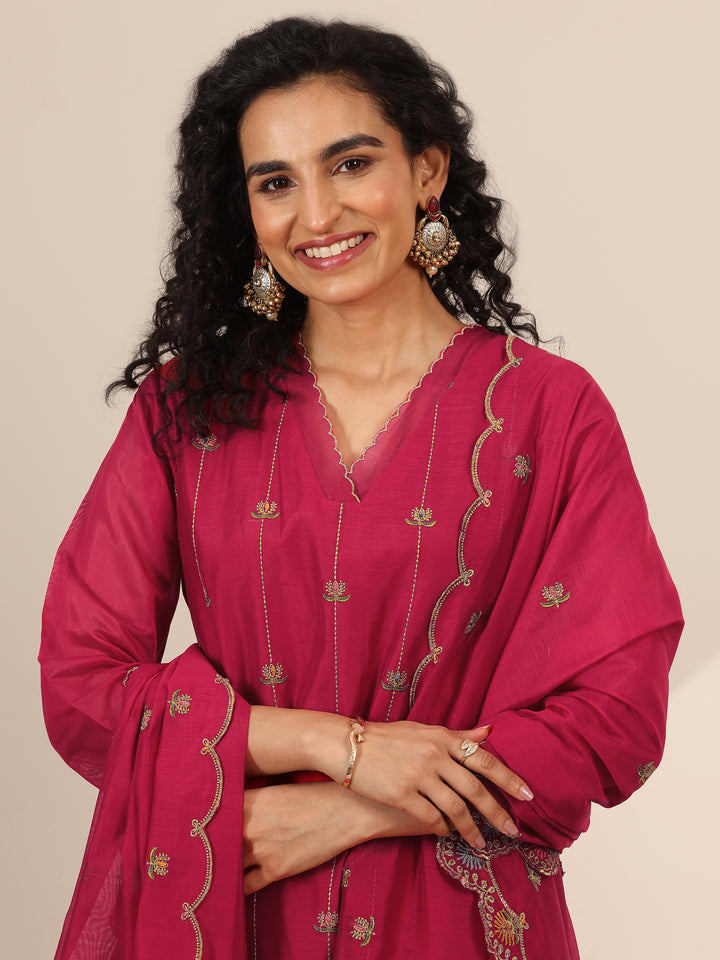 Libas Art Red Embroidered Chanderi Silk Straight Suit Set With Dupatta