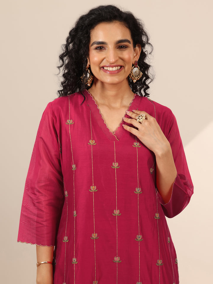 Libas Art Red Embroidered Chanderi Silk Straight Suit Set With Dupatta