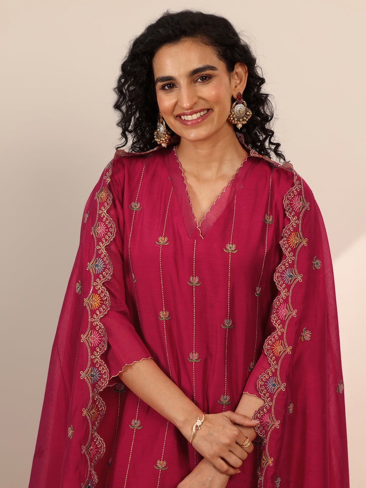 Libas Art Red Embroidered Chanderi Silk Straight Suit Set With Dupatta