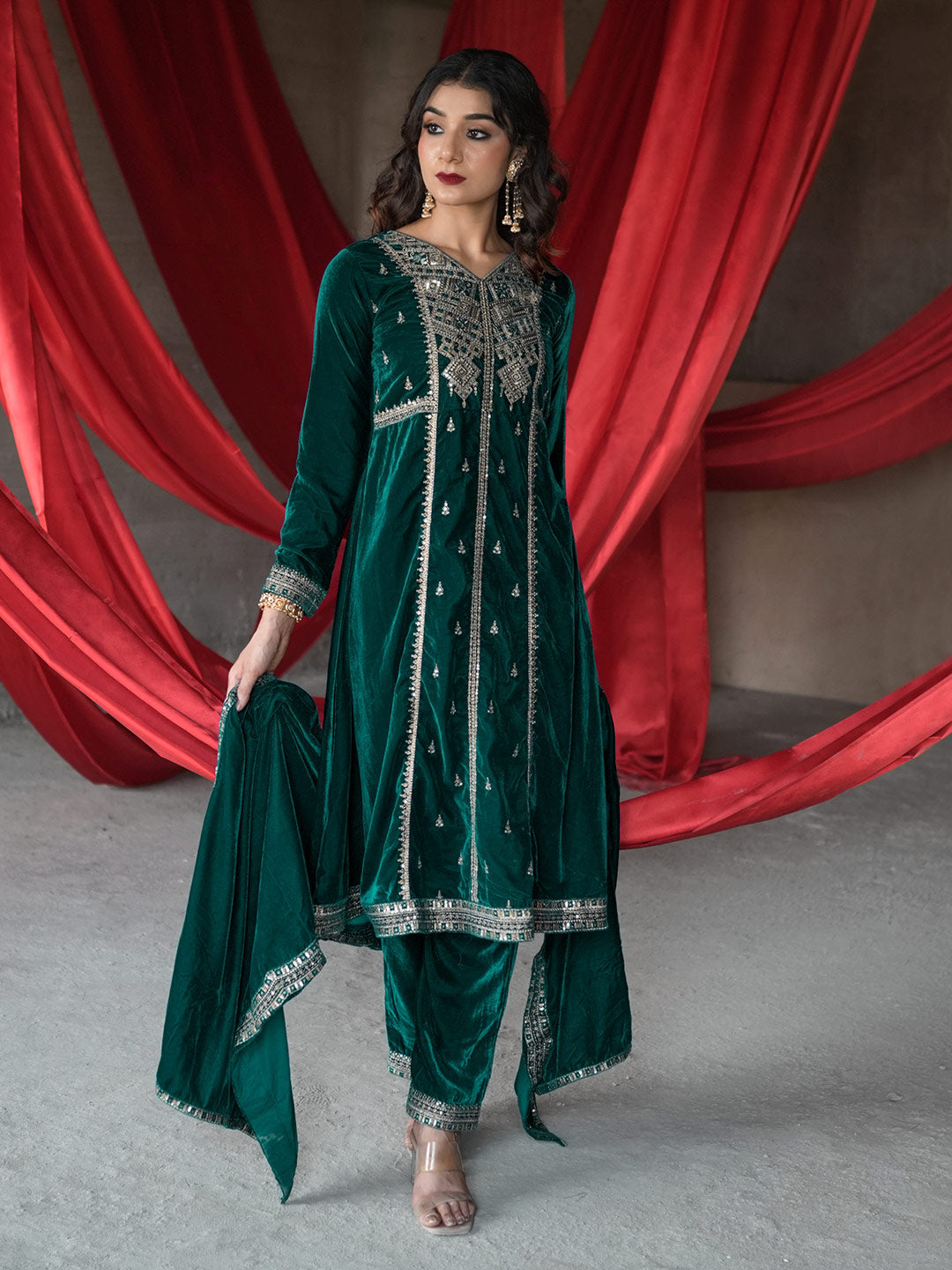 Green Embroidered Velvet A-line Kurta  With Trousers & Dupatta