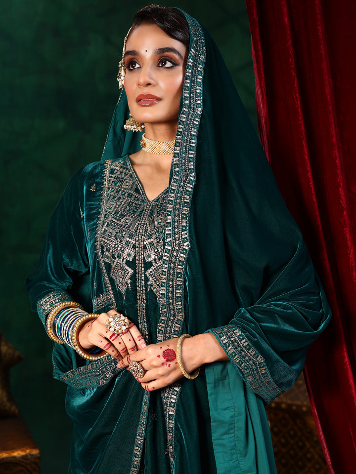 Green Embroidered Velvet A-line Kurta  With Trousers & Dupatta