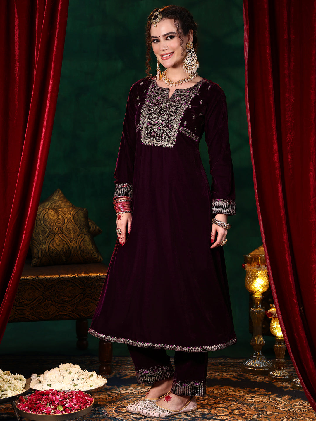 Burgundy Embroidered Velvet A-line Kurta  With Trousers & Dupatta