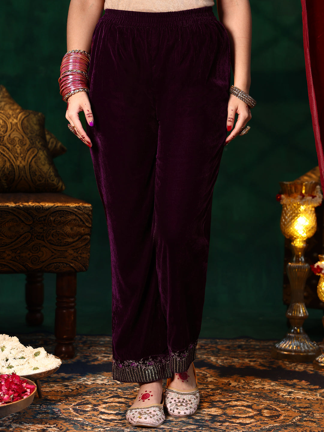 Burgundy Embroidered Velvet A-line Kurta  With Trousers & Dupatta