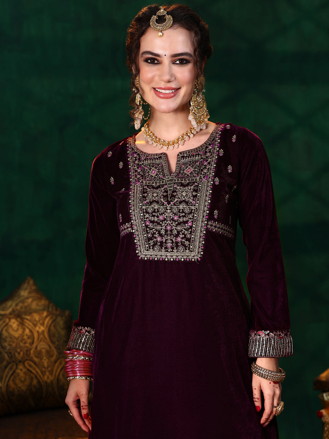 Burgundy Embroidered Velvet A-line Kurta  With Trousers & Dupatta