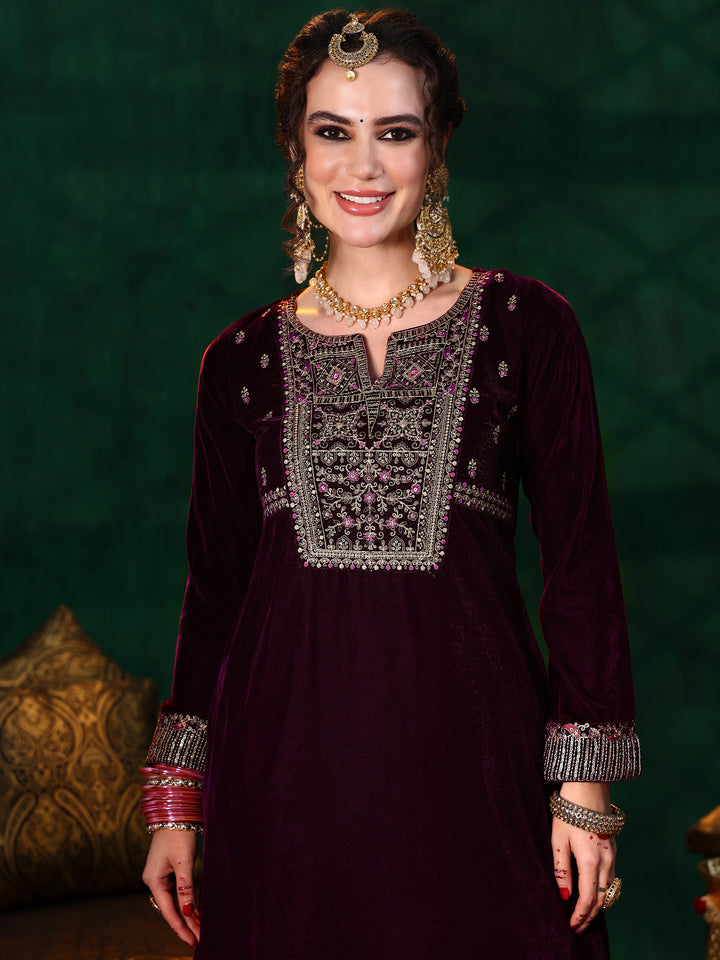 Burgundy Embroidered Velvet A-line Kurta  With Trousers & Dupatta