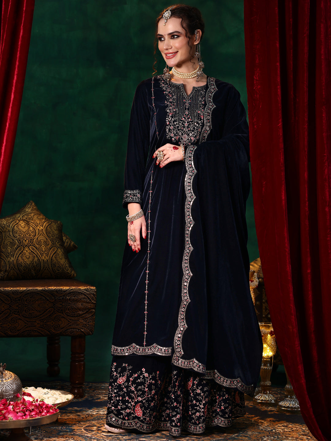 Blue Embroidered Velvet Straight Suit With Dupatta
