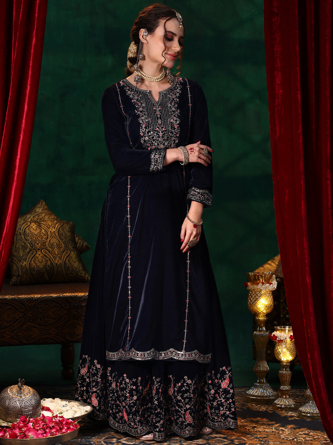 Blue Embroidered Velvet Straight Suit With Dupatta