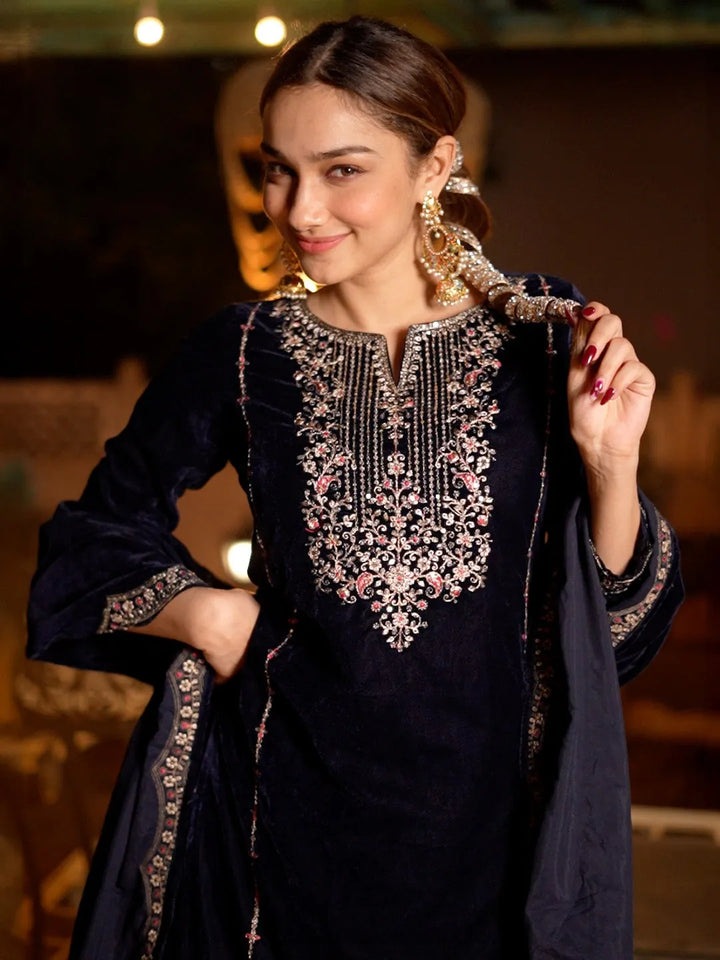 Blue Embroidered Velvet Straight Suit With Dupatta