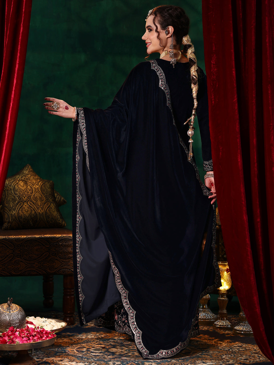Blue Embroidered Velvet Straight Suit With Dupatta