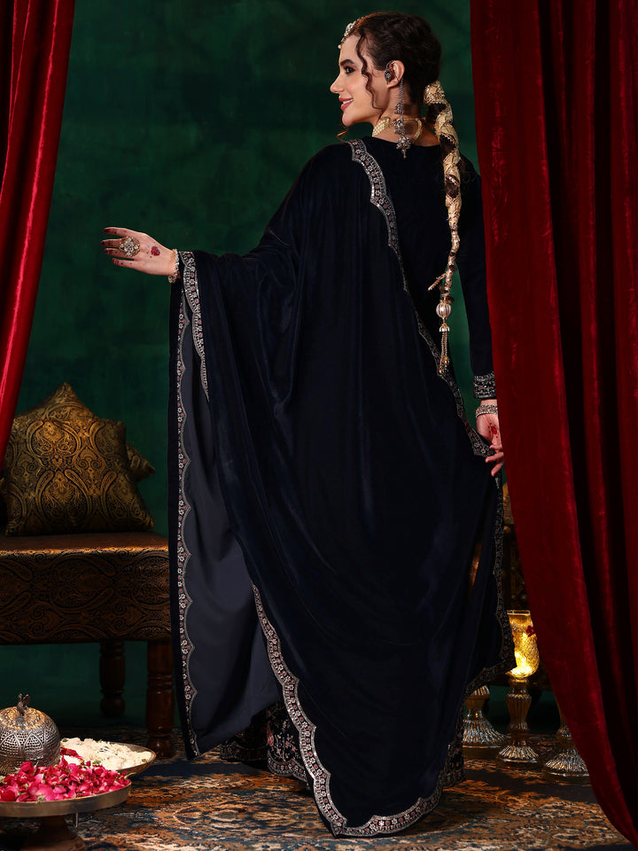 Blue Embroidered Velvet Straight Suit With Dupatta