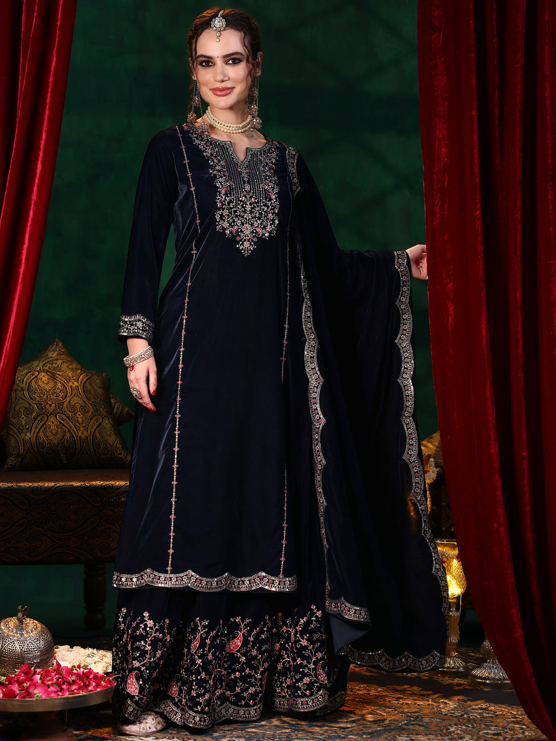 Blue Embroidered Velvet Straight Suit With Dupatta