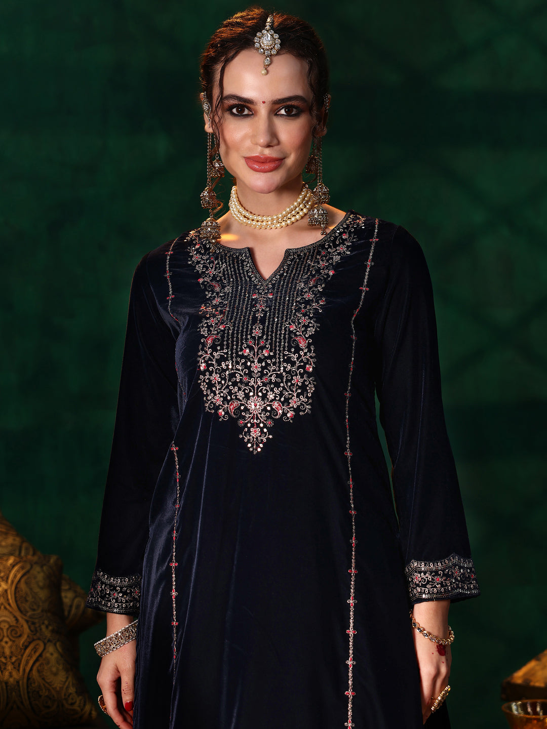 Blue Embroidered Velvet Straight Suit With Dupatta