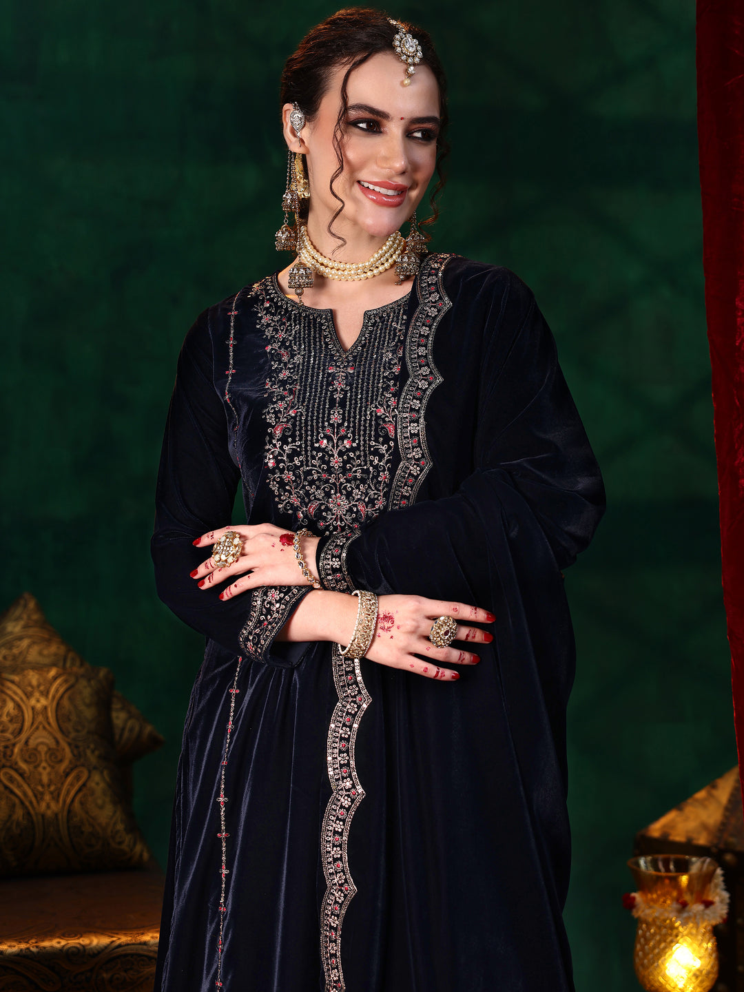 Blue Embroidered Velvet Straight Suit With Dupatta