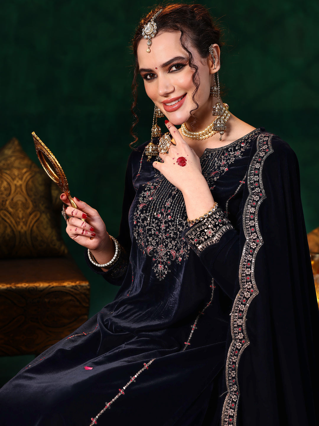 Blue Embroidered Velvet Straight Suit With Dupatta